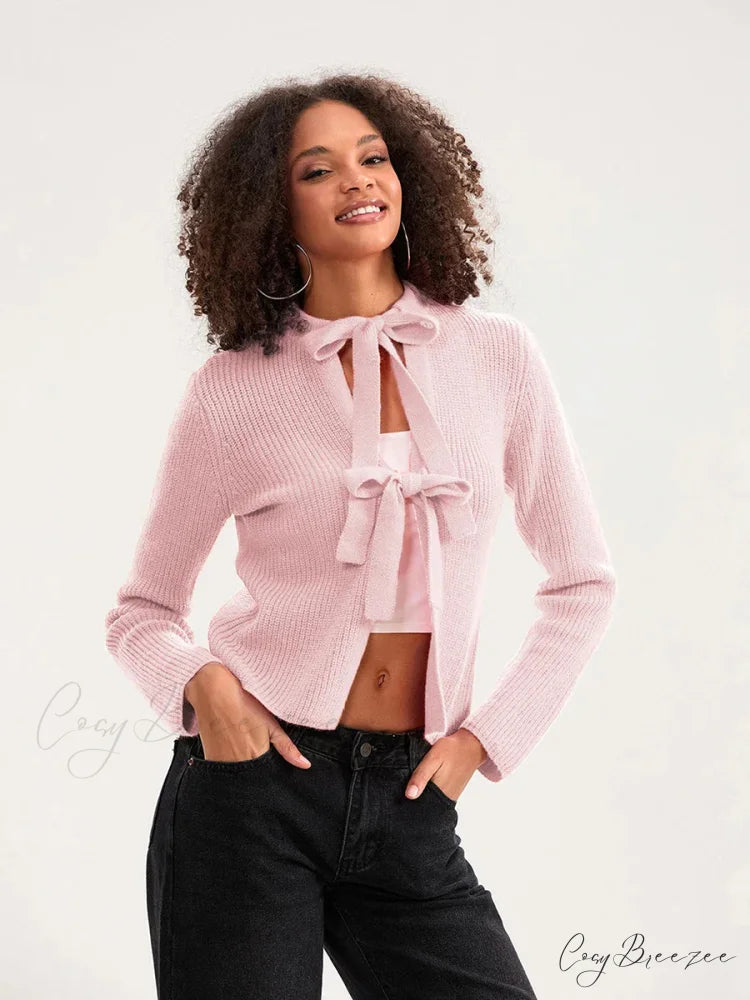 Bow Tie Front Crew Neck Knit Cardigan pink / S cardigans-241228