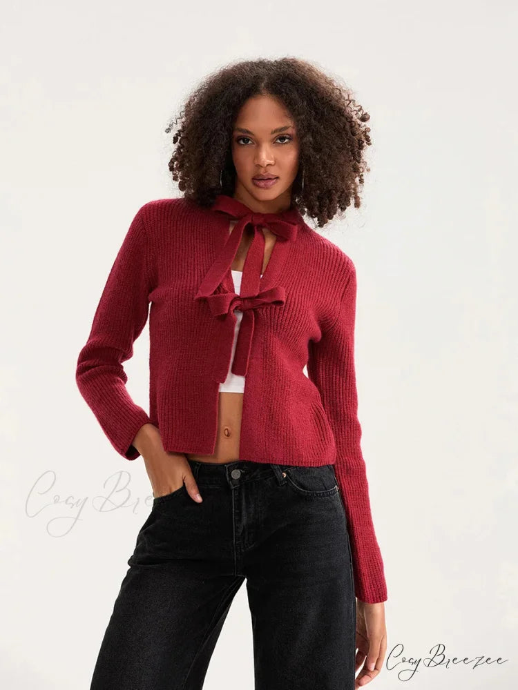 Bow Tie Front Crew Neck Knit Cardigan red / S cardigans-241228