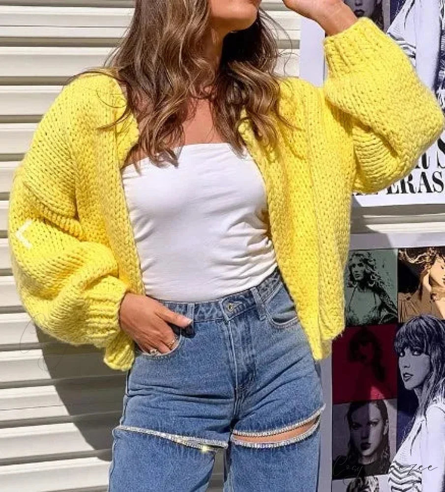 Bow Tie Front V-neck Cardigan yelow / S cardigans-241228
