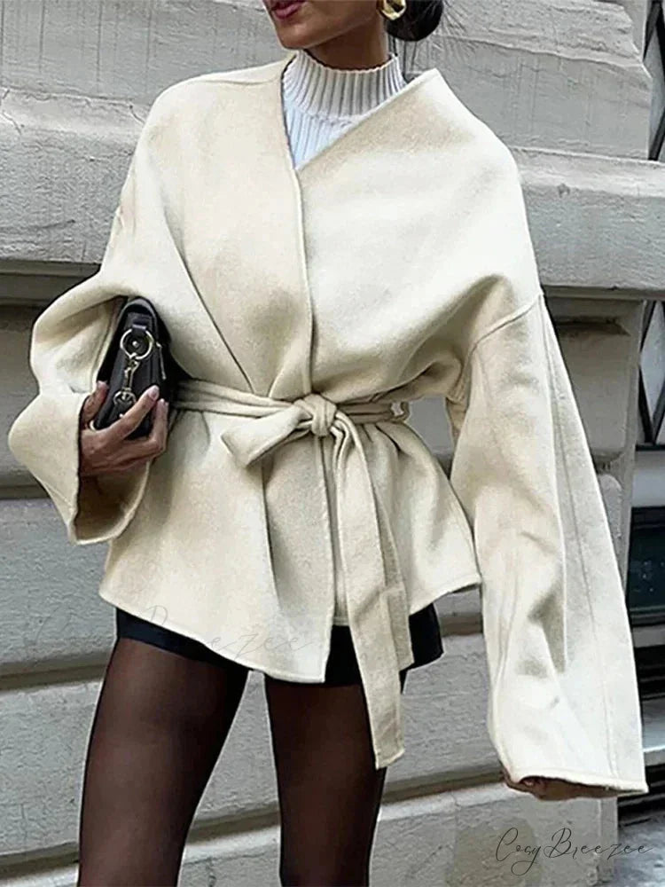 Bow Tie Lace-Up V-Neck Belted Coat overcoats-241228