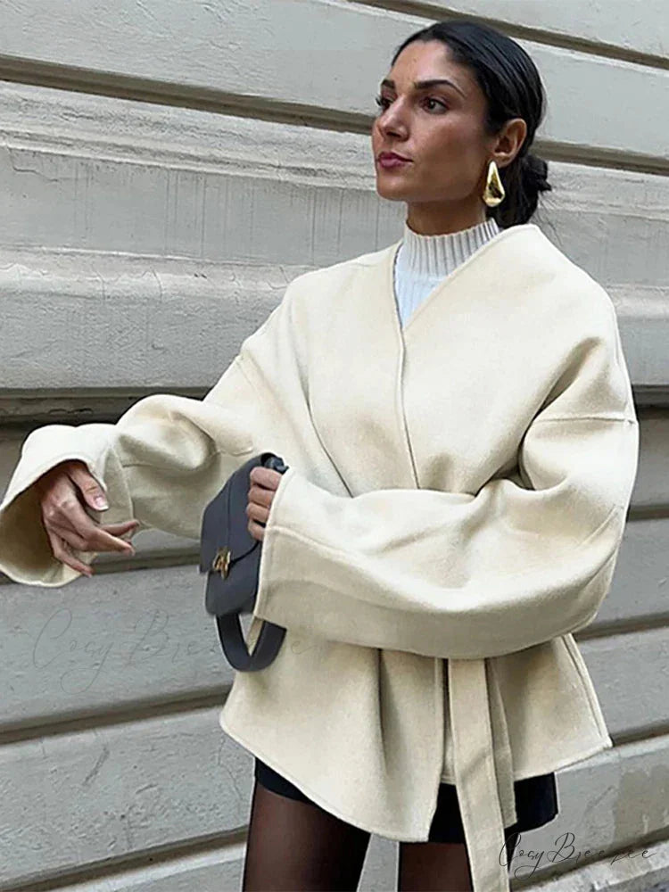 Bow Tie Lace-Up V-Neck Belted Coat overcoats-241228
