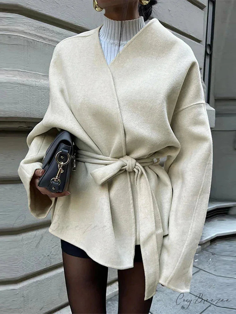 Bow Tie Lace-Up V-Neck Belted Coat overcoats-241228