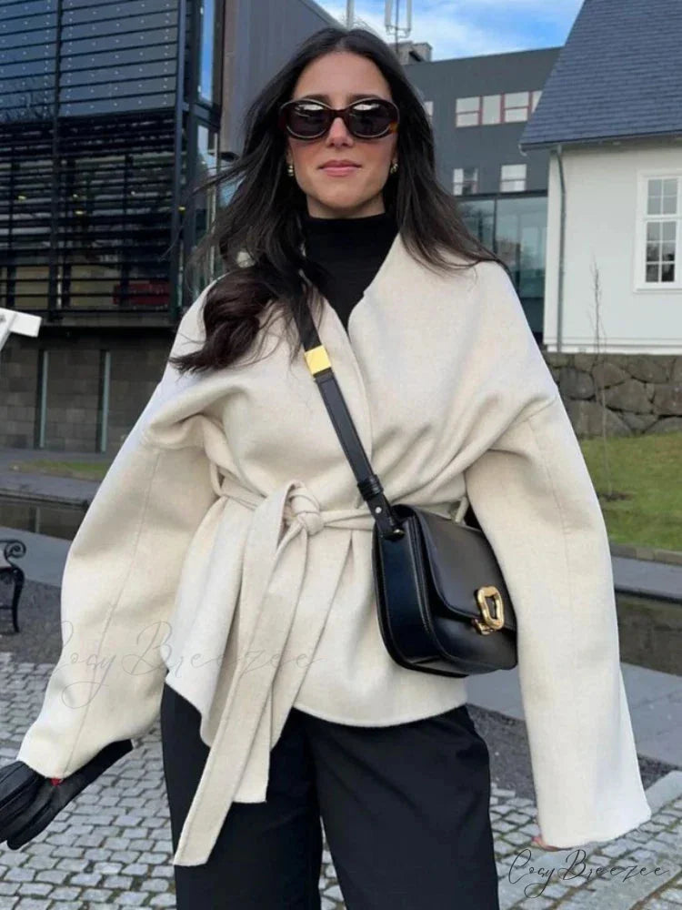 Bow Tie Lace-Up V-Neck Belted Coat white / S overcoats-241228