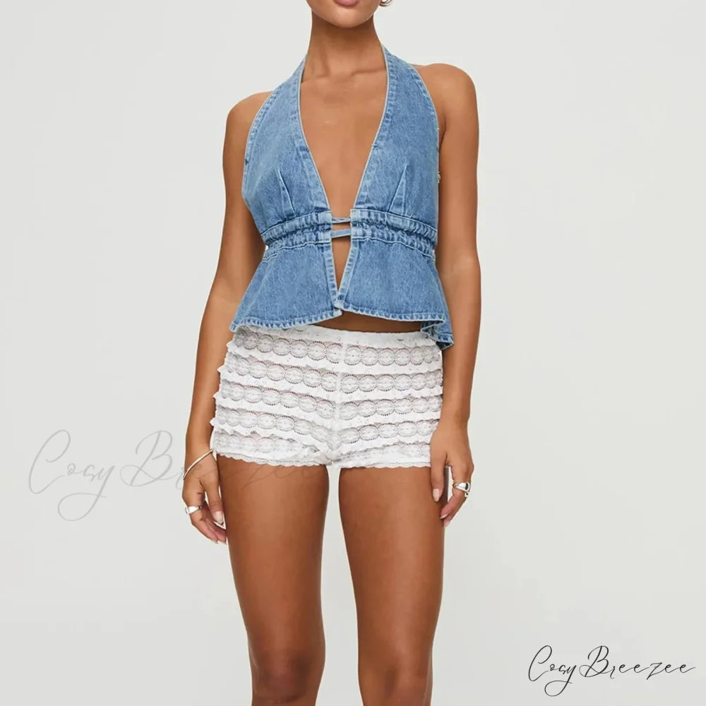 Bow Tie-Up Denim Crop Top Blue / S croptop-250223