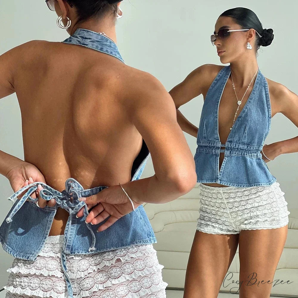 Bow Tie-Up Denim Crop Top croptop-250223