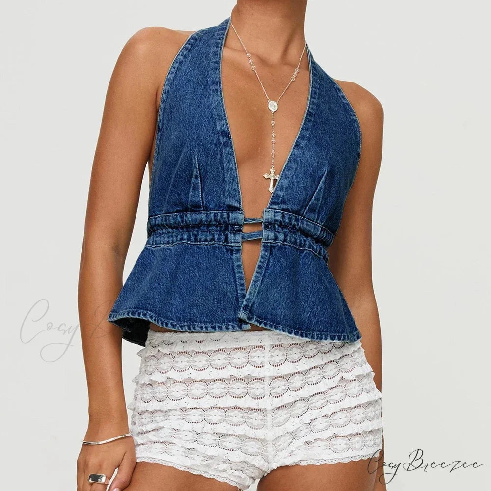 Bow Tie-Up Denim Crop Top DEEP BLUE / S croptop-250223