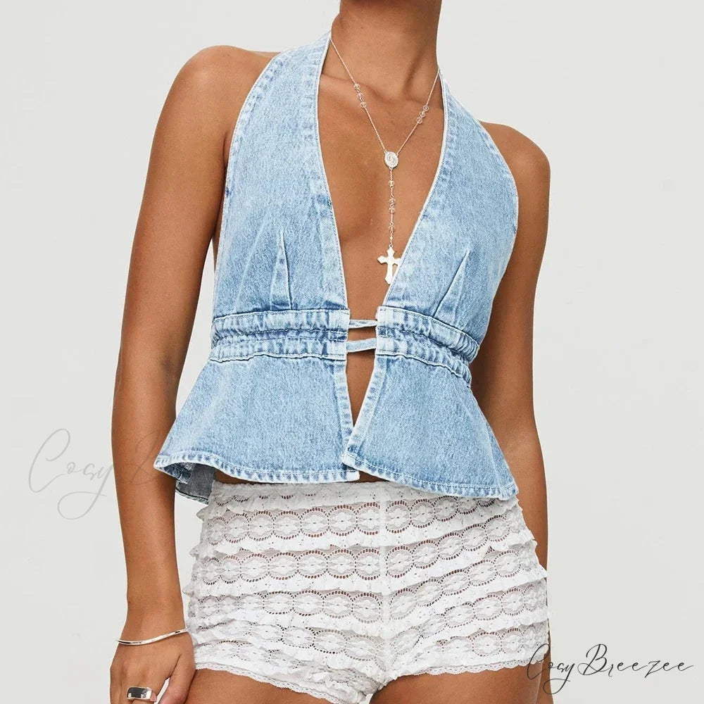 Bow Tie-Up Denim Crop Top Light Blue / S croptop-250223
