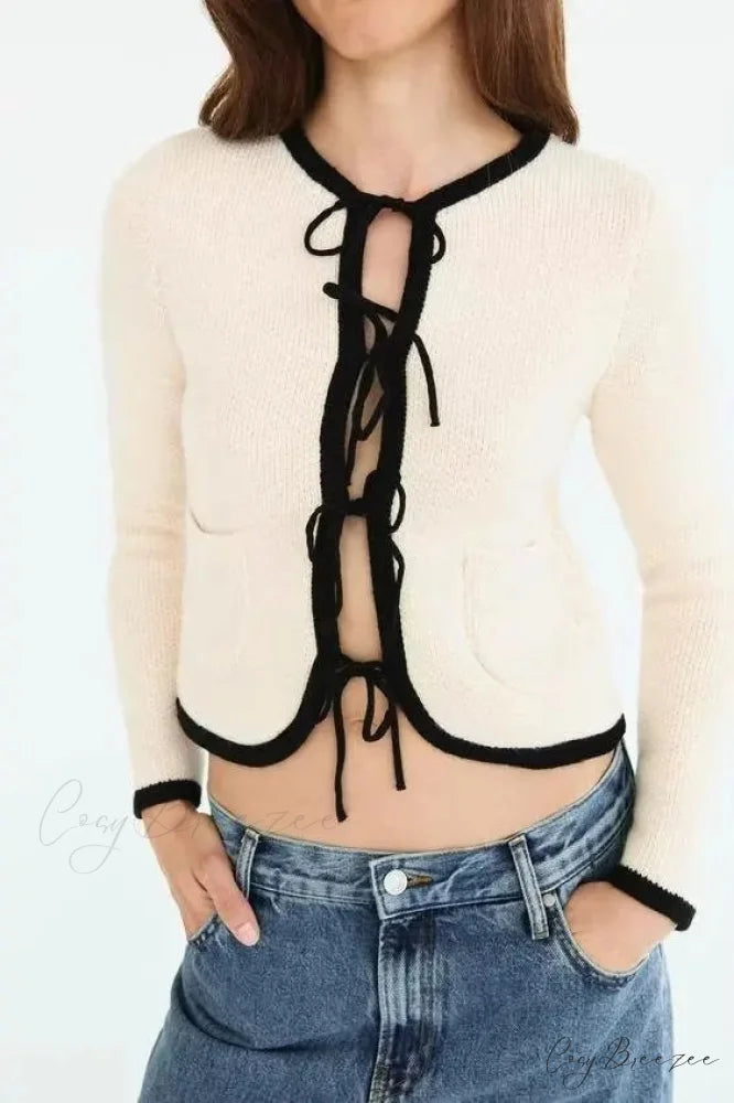 Bow Tie V-neck Full Sleeve Cardigan WHITE / S cardigans-241228