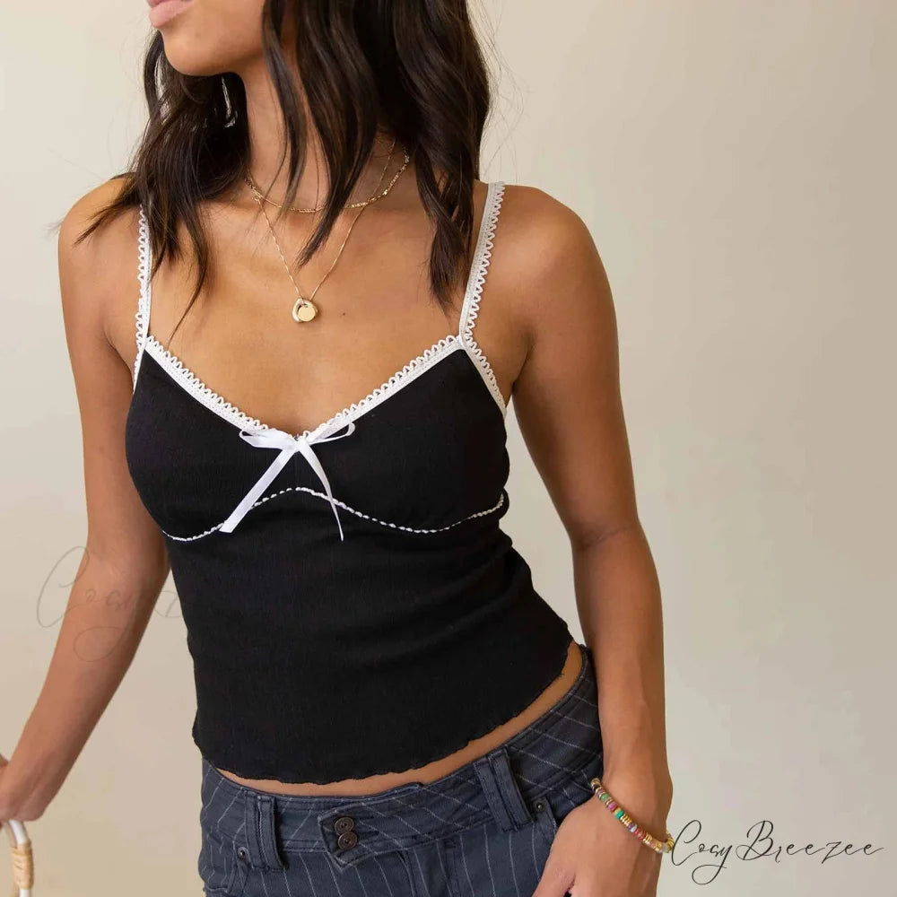 Bow V-Neck Spaghetti Crop Top black / S croptop-250223