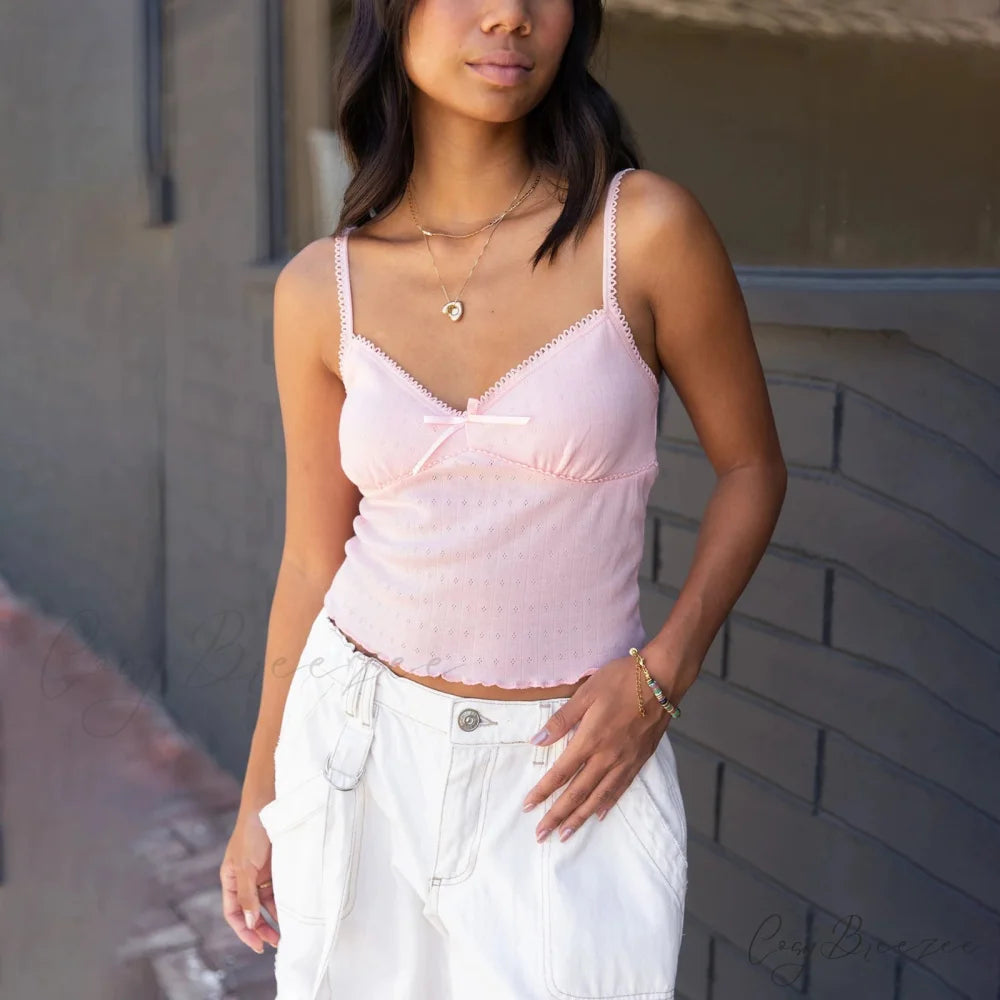 Bow V-Neck Spaghetti Crop Top pink / S croptop-250223
