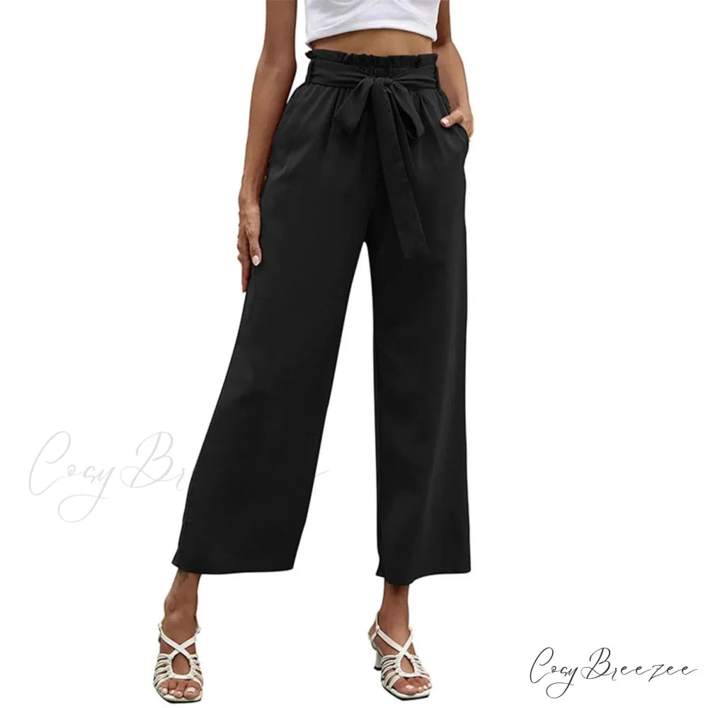 Bow Waistband Pleated Cotton Linen Pants Black / S pants-241228