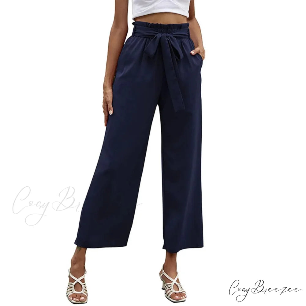 Bow Waistband Pleated Cotton Linen Pants blue 1 / S pants-241228