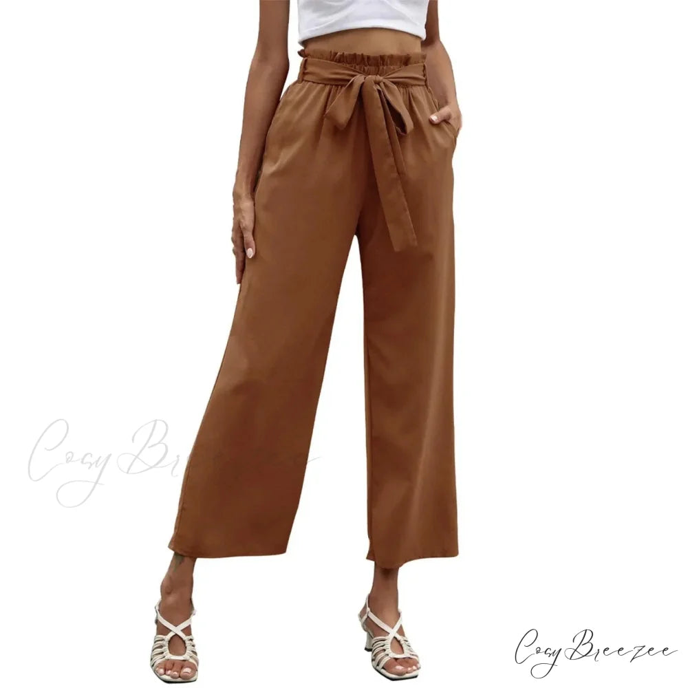 Bow Waistband Pleated Cotton Linen Pants Coffee / S pants-241228