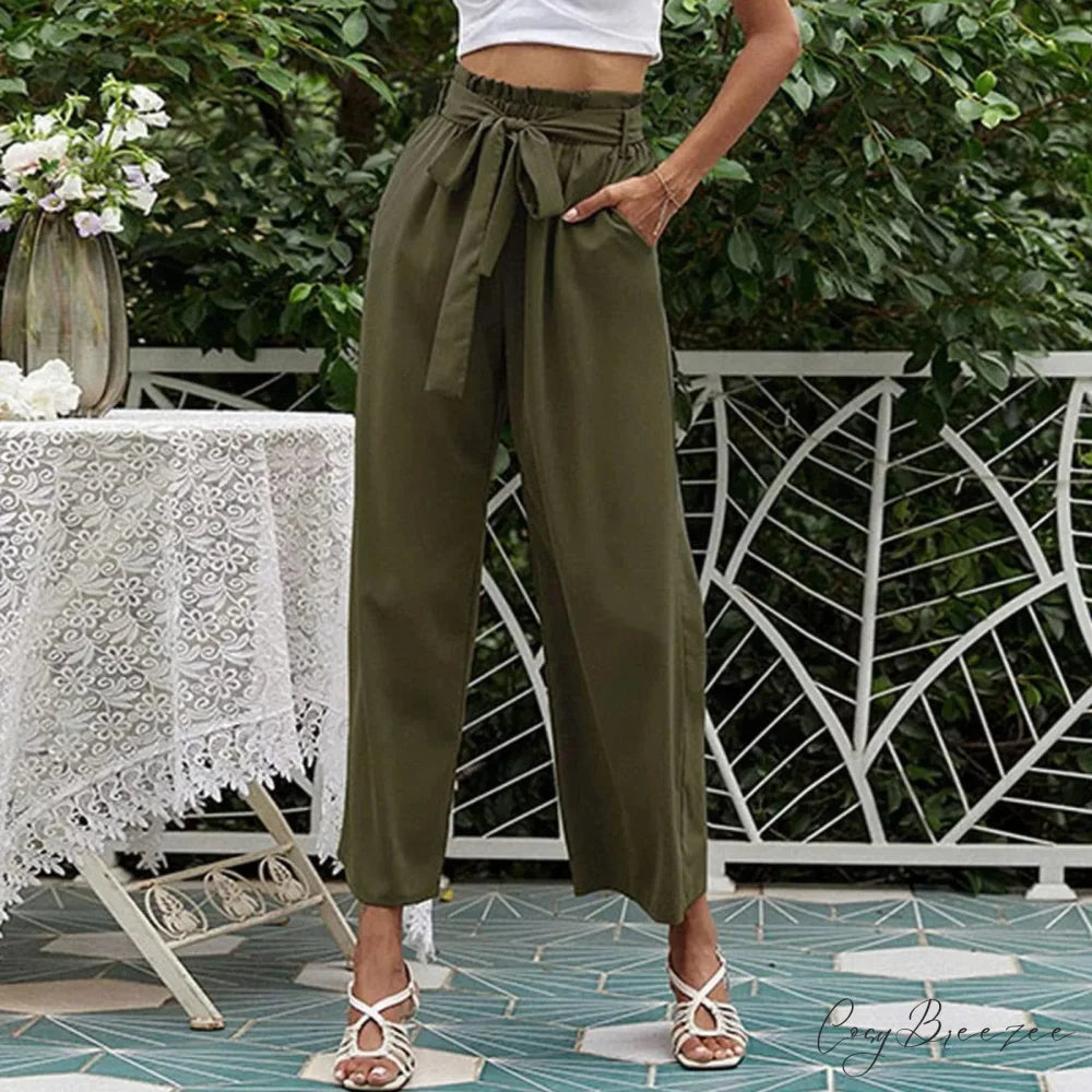 Bow Waistband Pleated Cotton Linen Pants green 1 / S pants-241228