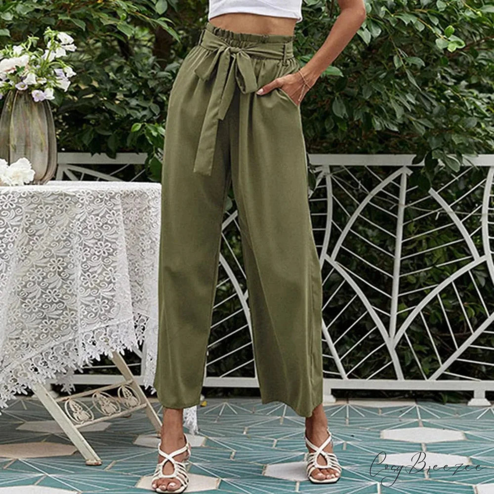 Bow Waistband Pleated Cotton Linen Pants green 2 / S pants-241228