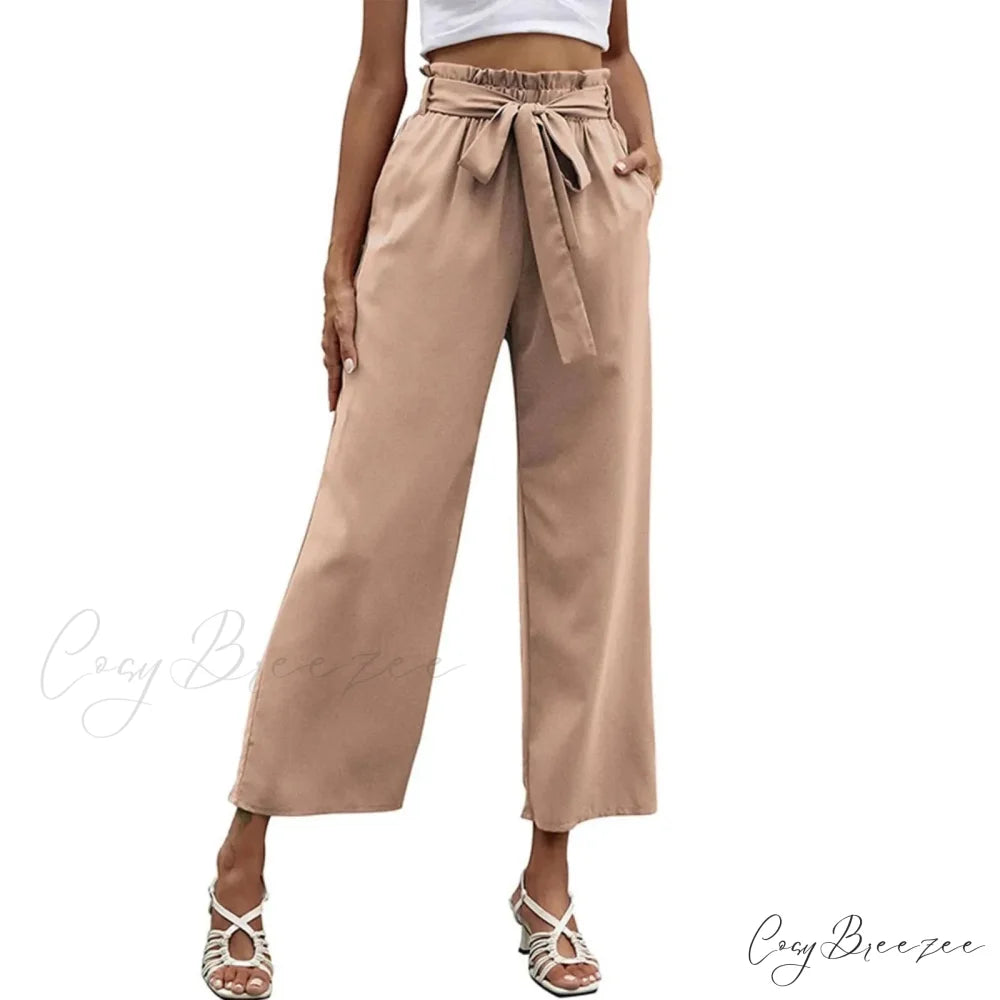 Bow Waistband Pleated Cotton Linen Pants Khaki / S pants-241228