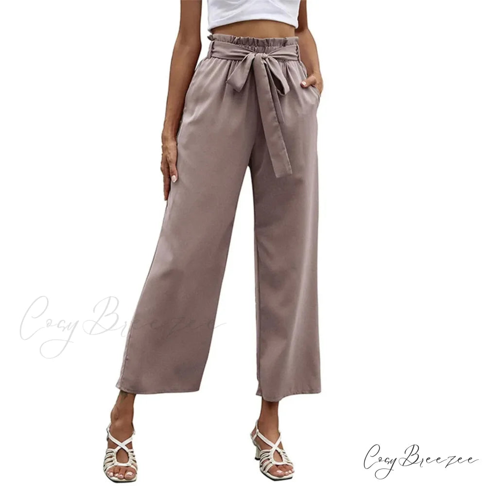 Bow Waistband Pleated Cotton Linen Pants Purple / S pants-241228