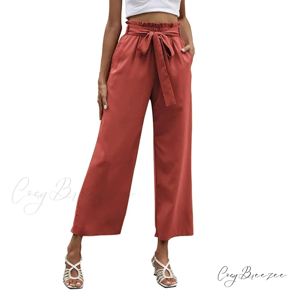 Bow Waistband Pleated Cotton Linen Pants Red / S pants-241228