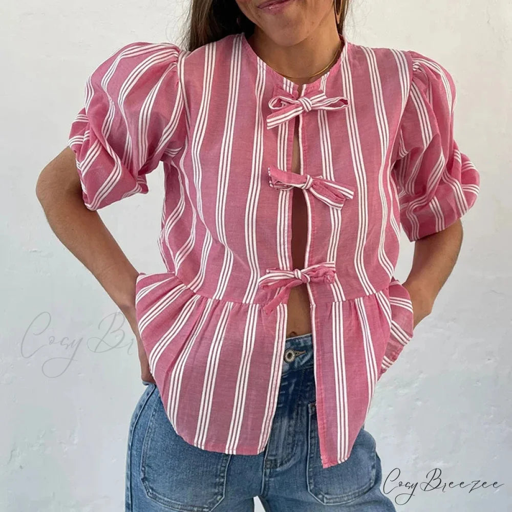 Bowknot Front Hollow Out Vintage Ruffles Puff Sleeve Elegant Sweet Y2K Crop Top croptop-250126