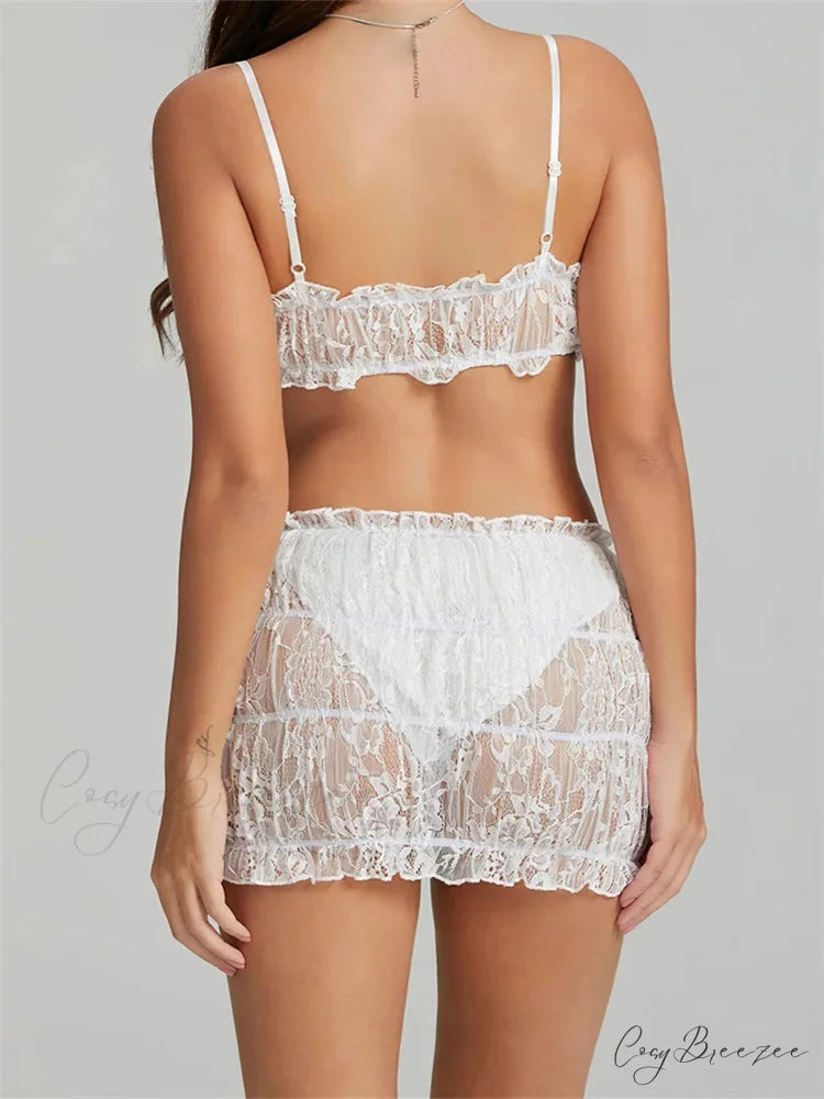 Bowknot Spaghetti Strap Sleeveless Lace Camis Top with Skirt Set twopiecesset-250126
