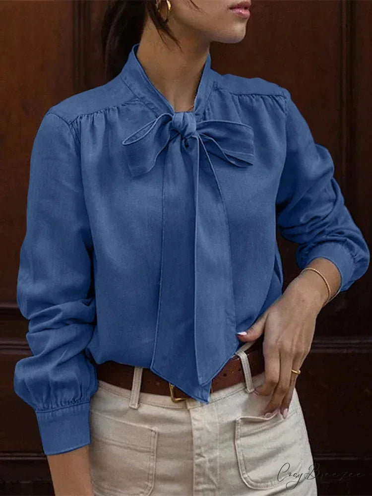 Bowtie Collar Pleated Relaxed Chic Blouse Dark Blue / S blouse-250126