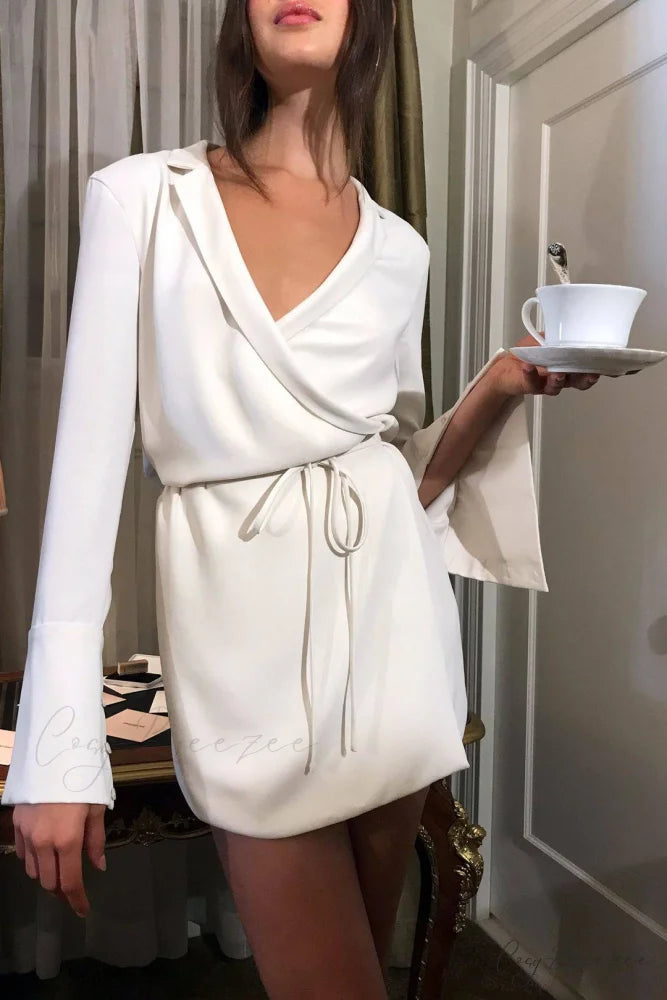 Boxy Crepe Wrap Charming Mini Dress in Cream