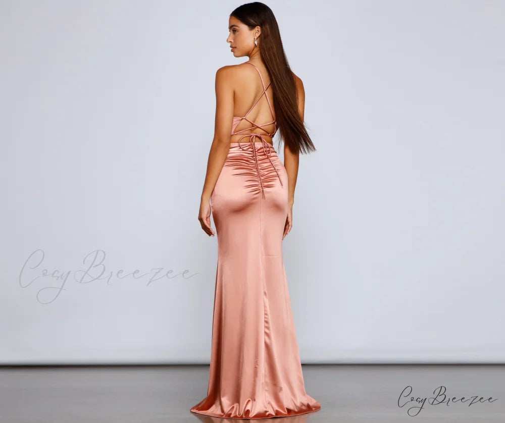 Bristol Formal Stylish Satin Lace-Up Dress ROSE GOLD / S