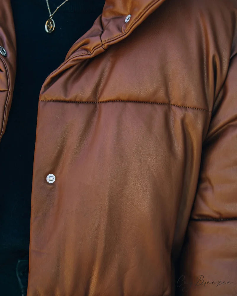 Brown Cade Pocketed Faux Leather Puffer Jacket