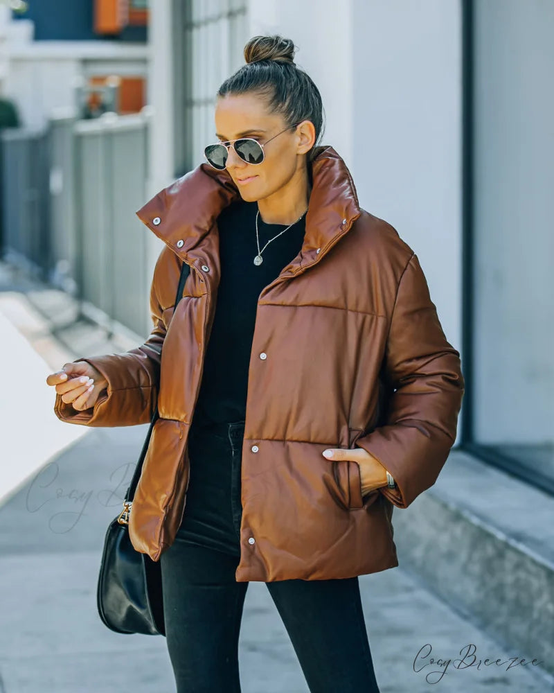 Brown Cade Pocketed Faux Leather Puffer Jacket