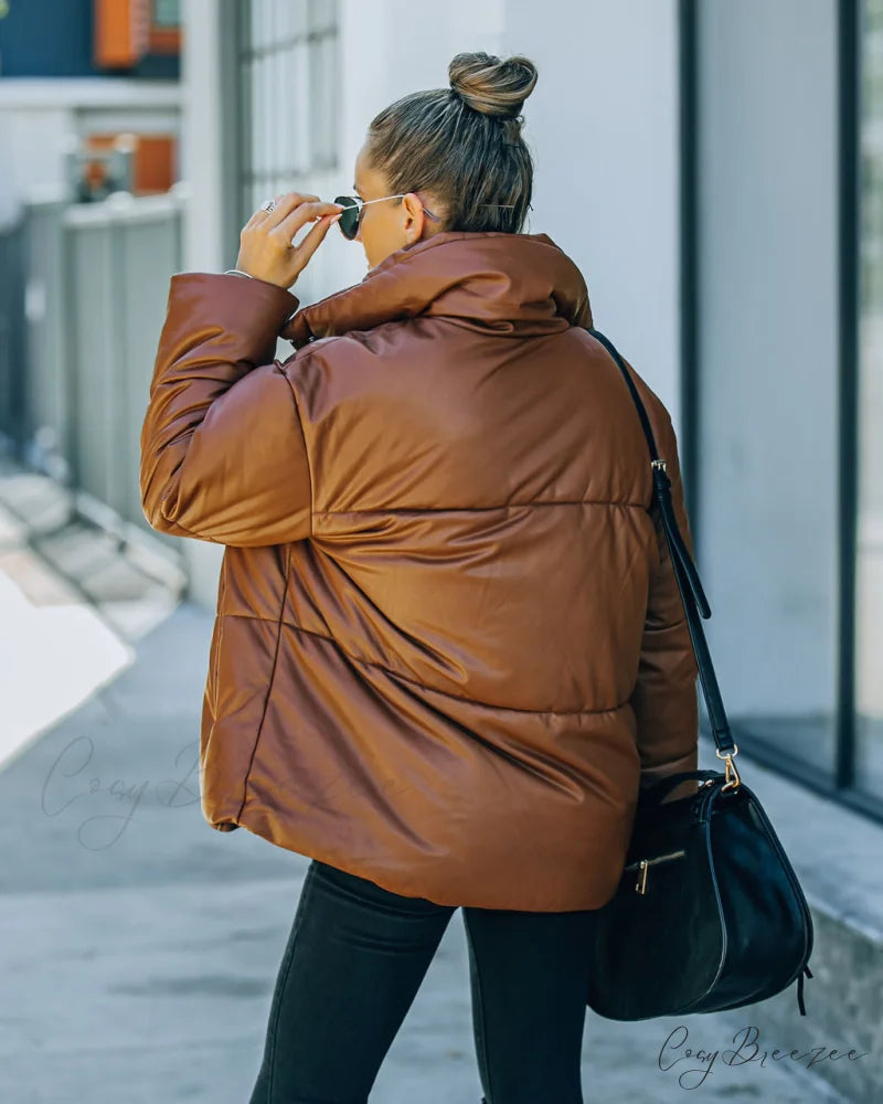 Brown Cade Pocketed Faux Leather Puffer Jacket