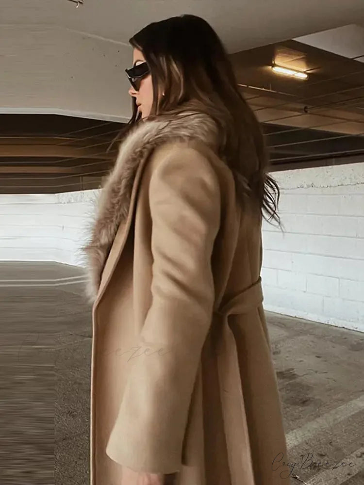 Brown Fluffy Faux Fur Relaxed Coat overcoats-241228