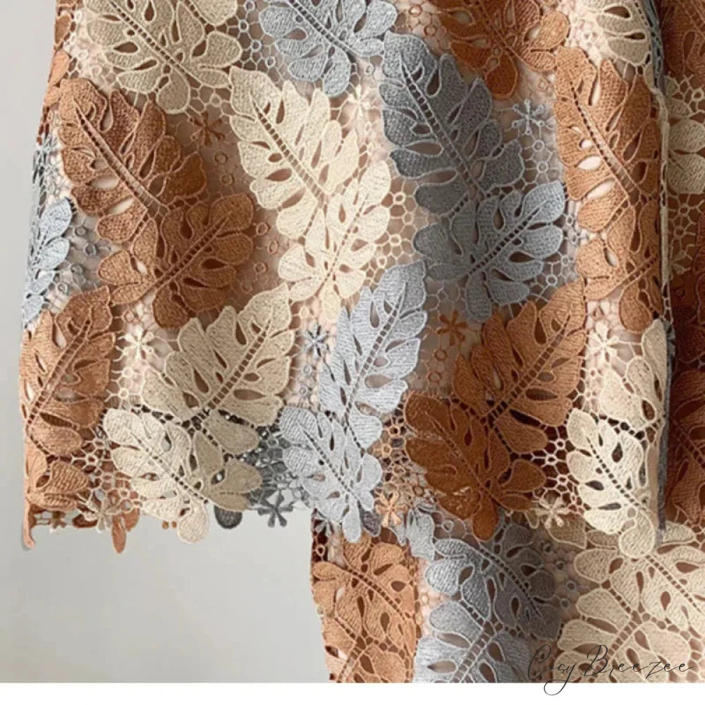 Brown Lace Midi Pencil Skirt Bi-material Zipper Long Floral Skirt skirt-250126