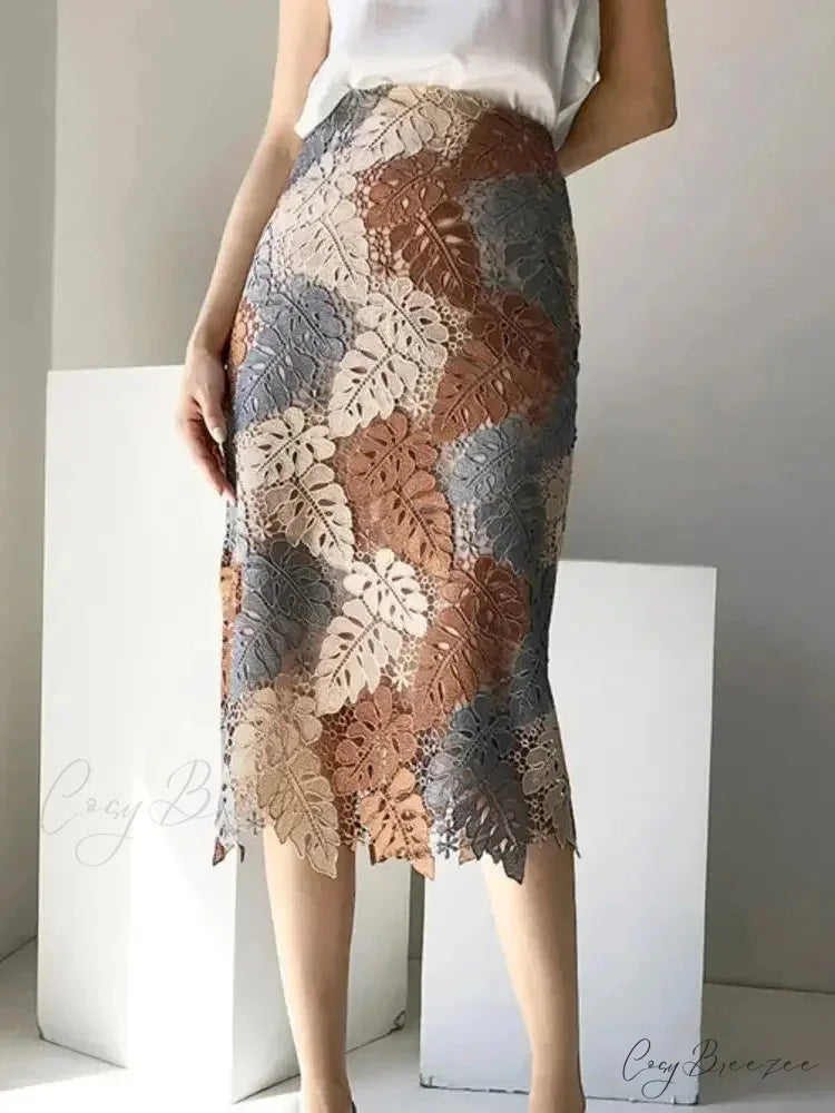 Brown Lace Midi Pencil Skirt Bi-material Zipper Long Floral Skirt Long Style / S skirt-250126