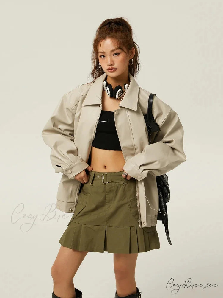 Brown Leather Polo Collar Three-Color Autumn Retro Casual Loose Jacket