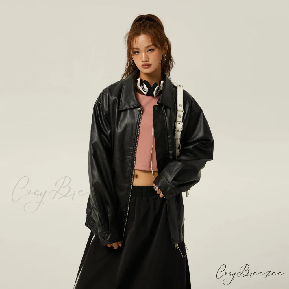 Brown Leather Polo Collar Three-Color Autumn Retro Casual Loose Jacket BLACK / S