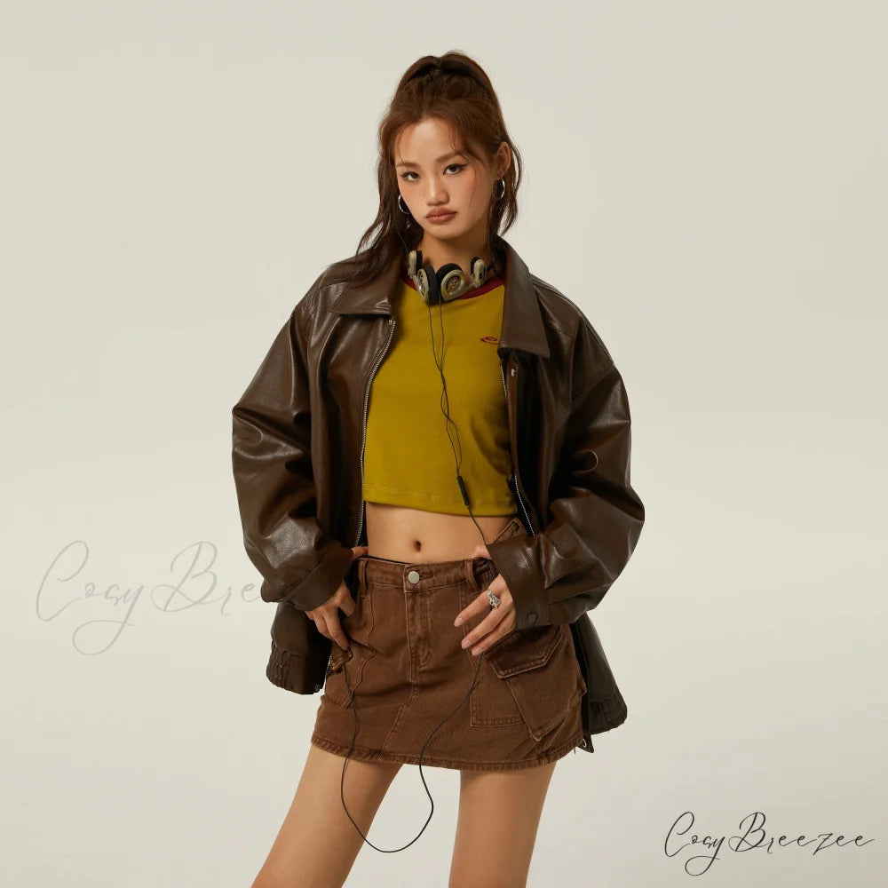 Brown Leather Polo Collar Three-Color Autumn Retro Casual Loose Jacket BROWN / S