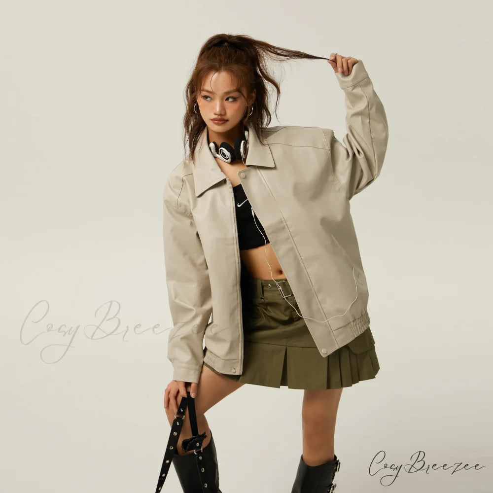 Brown Leather Polo Collar Three-Color Autumn Retro Casual Loose Jacket WHITE / S