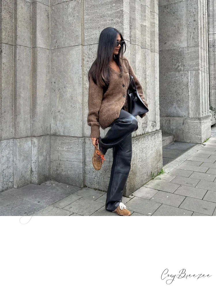 Brown V-nech Single Breasted Cardigan cardigans-241228
