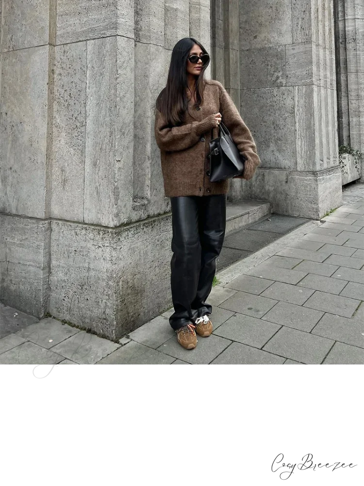 Brown V-nech Single Breasted Cardigan cardigans-241228
