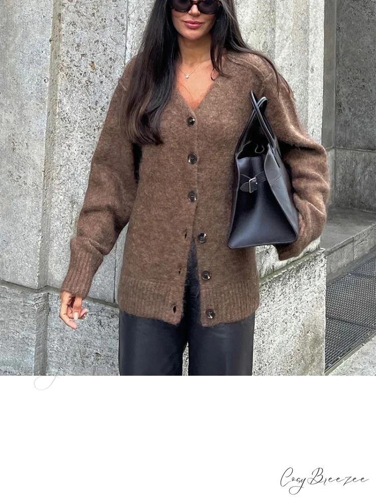 Brown V-nech Single Breasted Cardigan cardigans-241228
