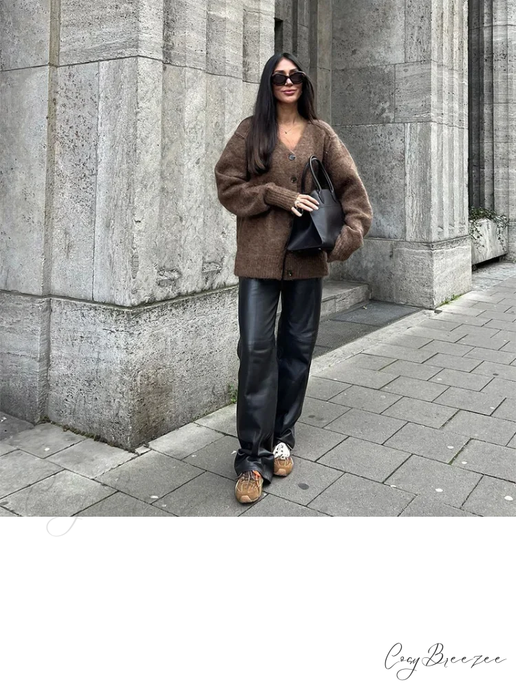Brown V-nech Single Breasted Cardigan cardigans-241228