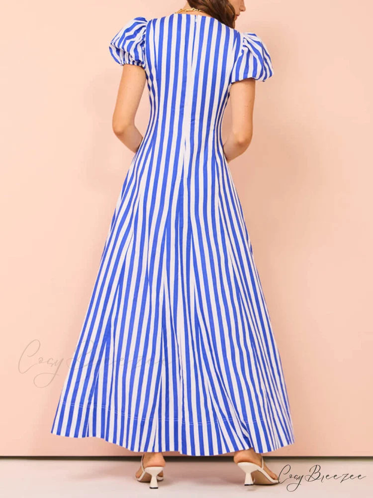 Bubble Sleeve In Charming Stripe Wavy Maxi Dress