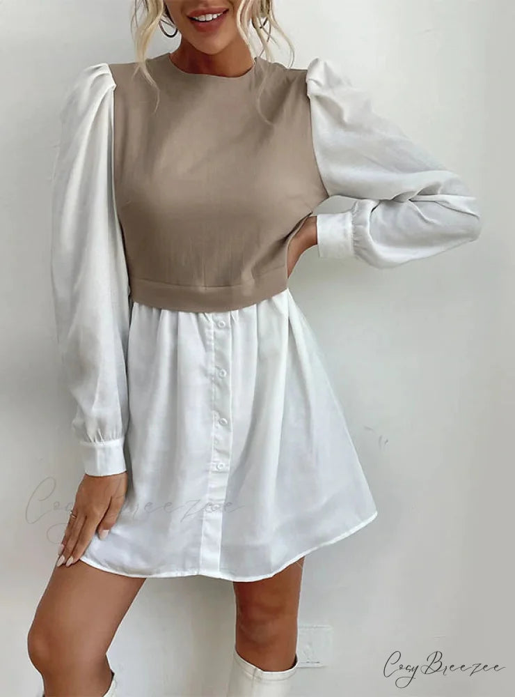 Bubble Sleeve Stitching Shirt Dress with Round Neck M / khaki