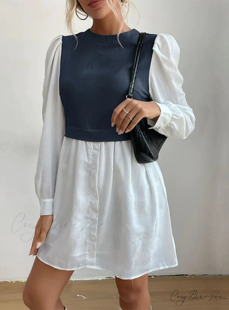 Bubble Sleeve Stitching Shirt Dress with Round Neck M / navy blue