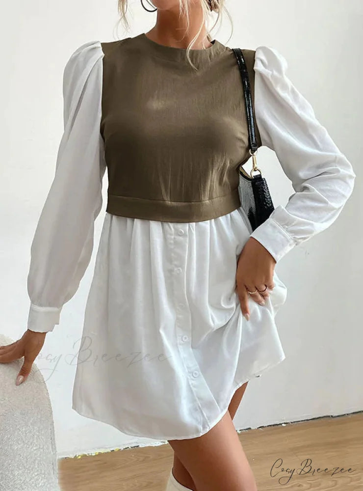 Bubble Sleeve Stitching Shirt Dress with Round Neck S / black