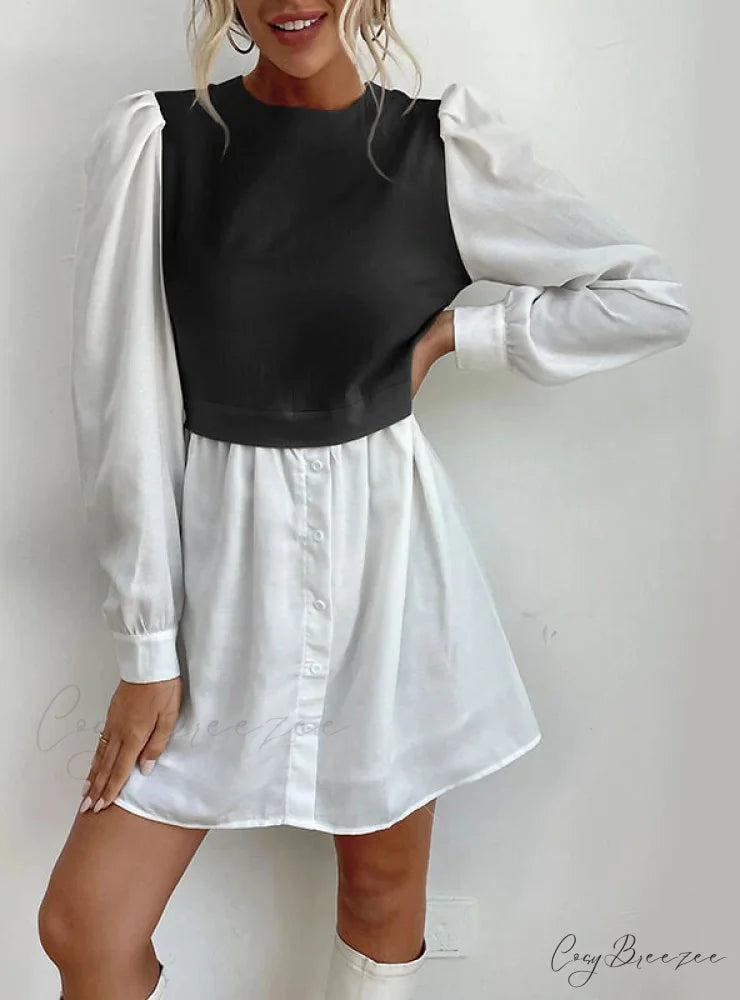 Bubble Sleeve Stitching Shirt Dress with Round Neck S / brown