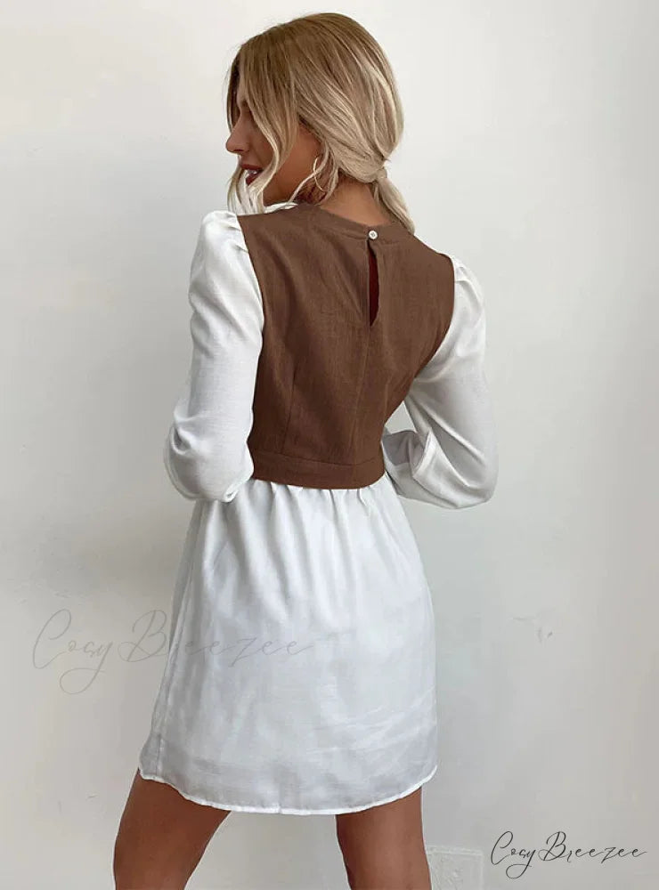 Bubble Sleeve Stitching Shirt Dress with Round Neck S / navy blue
