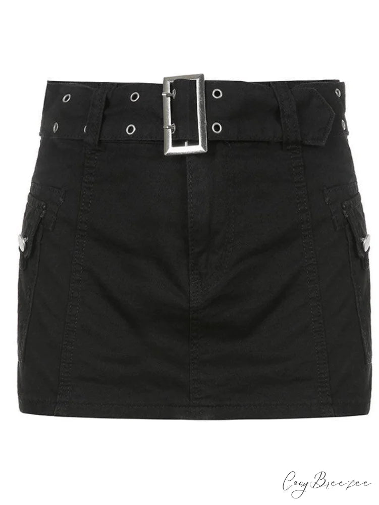 Buckle Belt Denim Trendy Pleated Mini Skirt