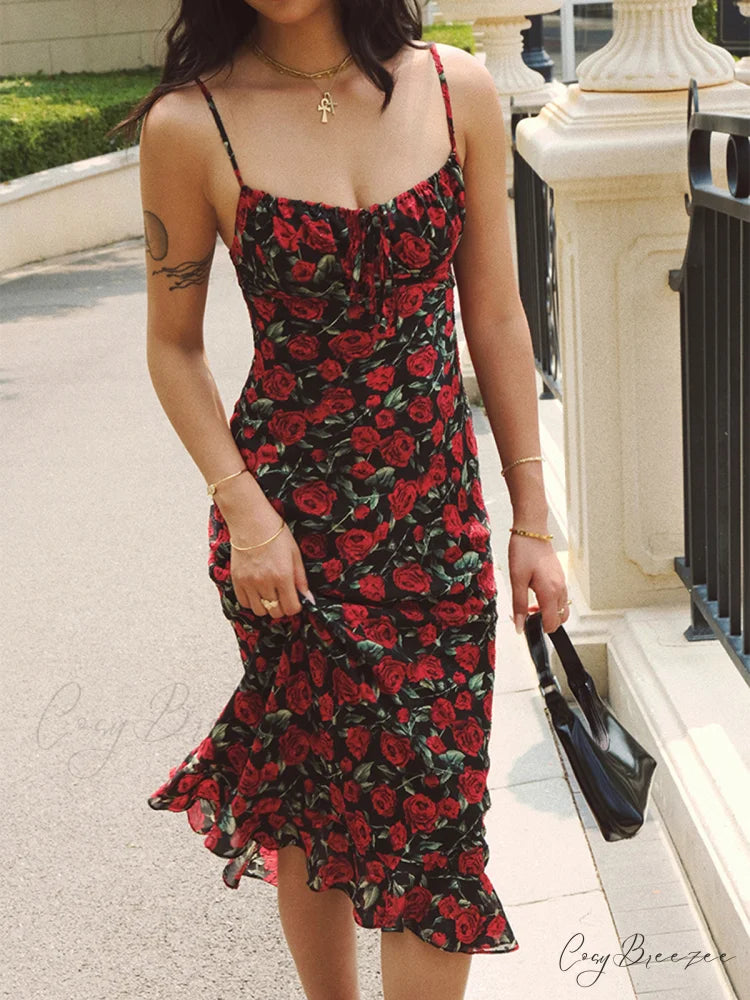 Bulgarian Roses Floral Trendy Cami Long Dress Black / XS