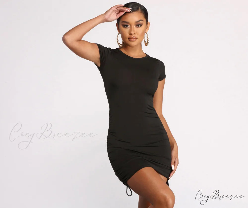 Bungee Drawstring Side Charming Seam Knit Mini Dress BLACK / XS